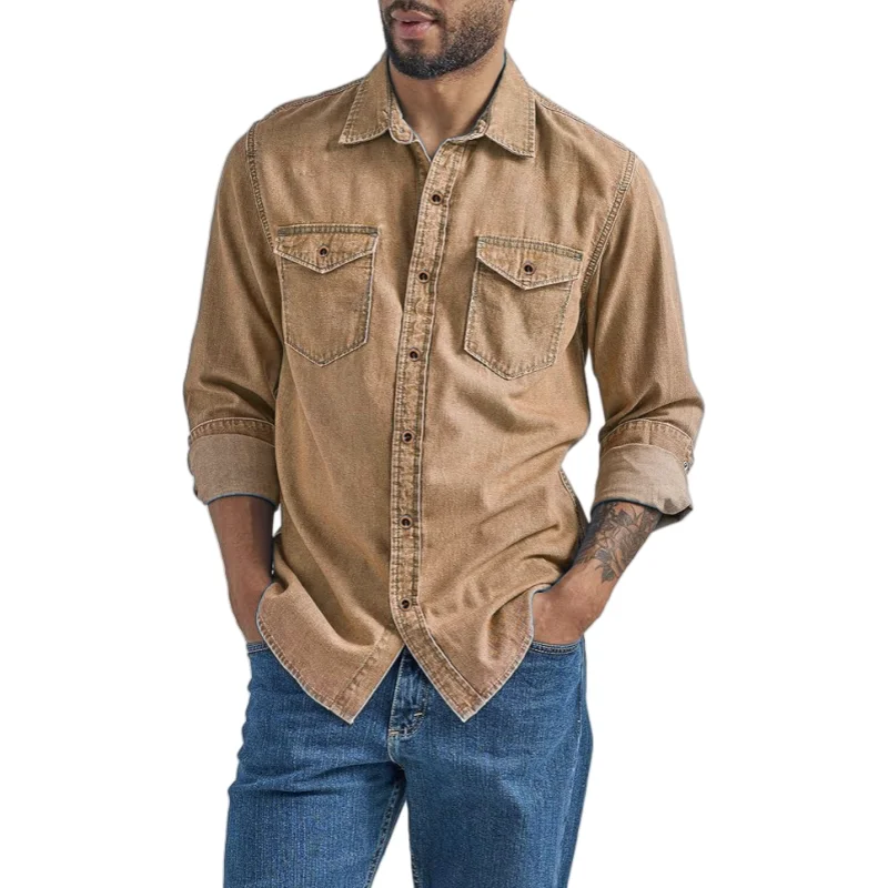 

Men's Casual Denim Shirt Long Sleeve Button Down Vintage Light Blue Washed Cowboy Shirt Slim Fit Outdoor Workwear Top