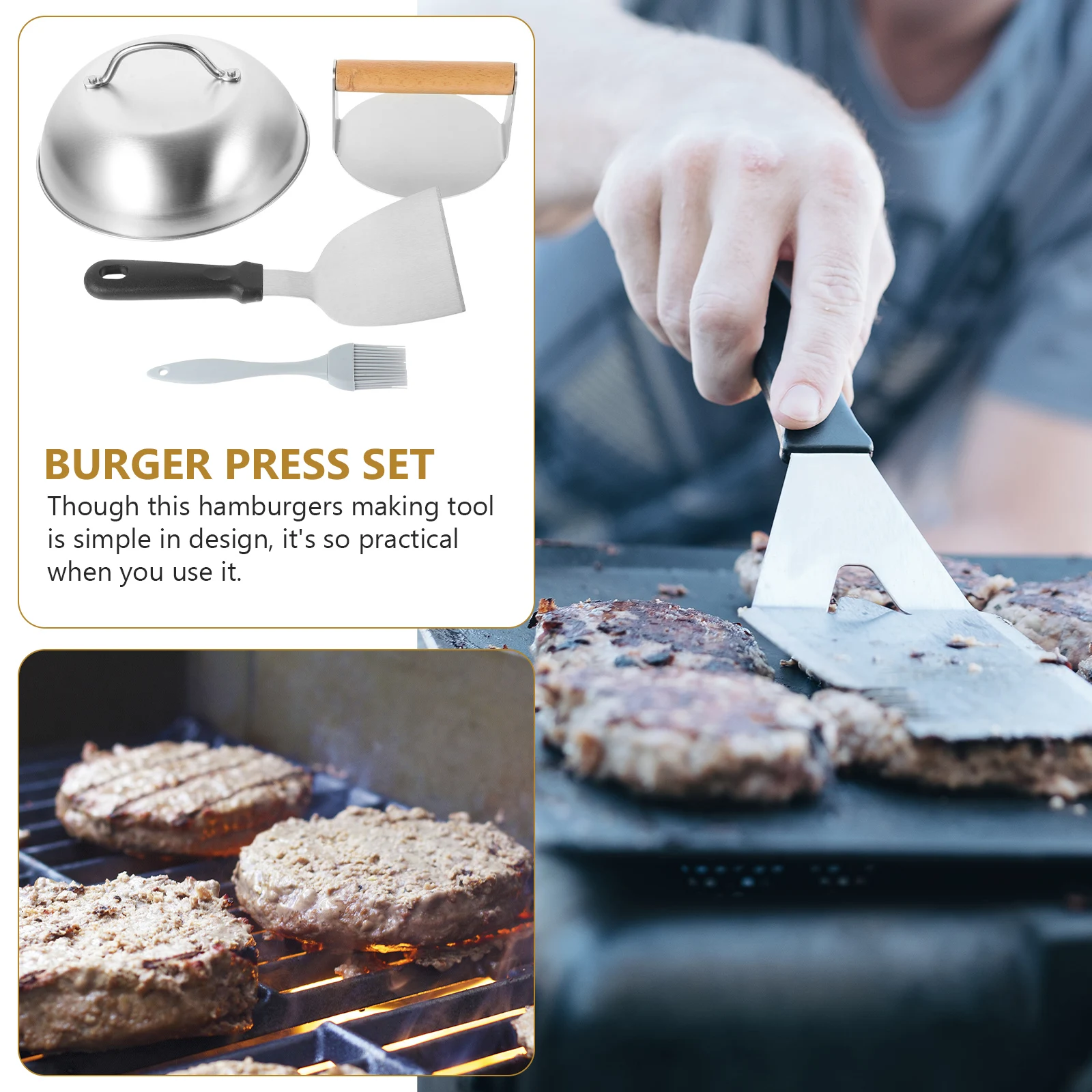 

4 Piece Stainless Steel Burger Press Kit BBQ Tools Patty Maker Meat Shovel Kitchen Gadgets Cooking Accessories H