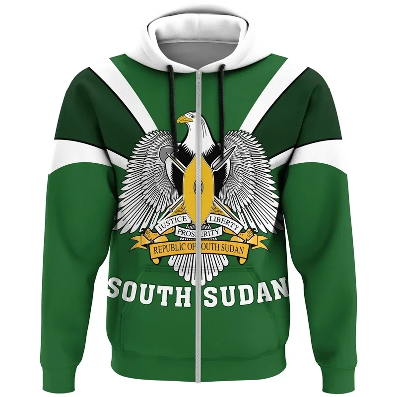 

Africa South Sudan Map Flag Men Zip Up Hoodie 3D Print For Men Oversize Tracksuit National Emblem Graphic Male Clothing Tops