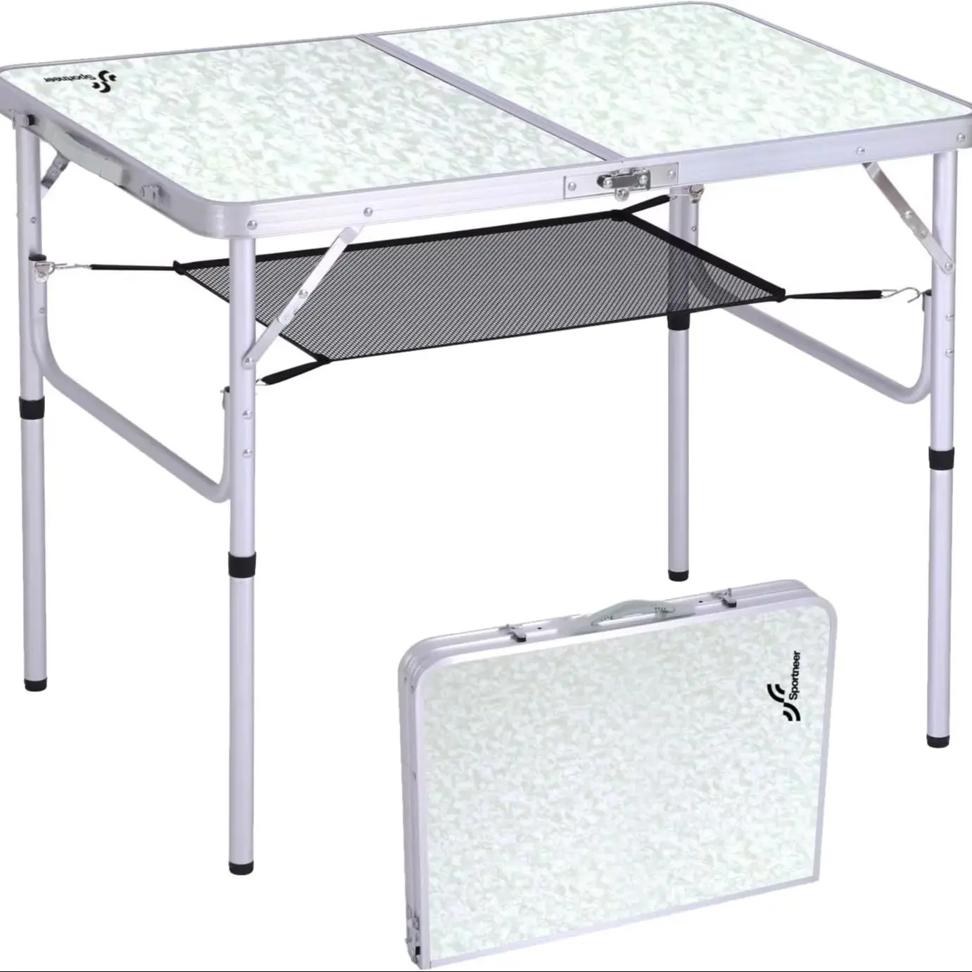 

Adjustable Height Small Camping Folding Table 3 Height with Mesh Layer Portable for Outdoor Garden Picnic BBQ Dining Cooking