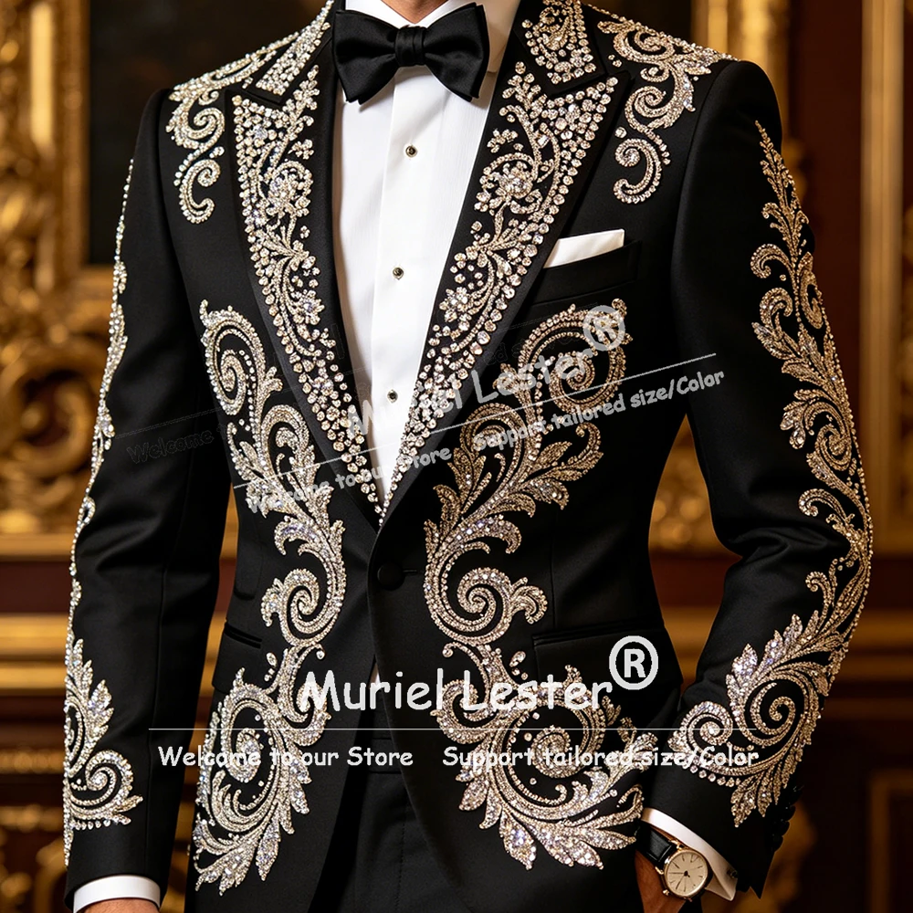 

Exquisite Crystals Beading Suit Men Slim Fit Single Breasted Jacket Pants 2 Piece Sets Groom Formal Party Tuxedos Customized
