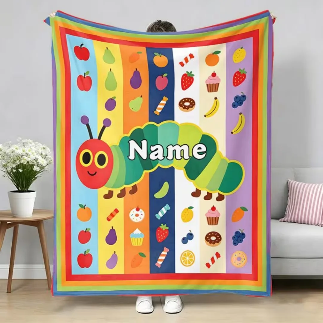 Personalized Cute Caterpillar Name Text Blanket, Soft Lightweight All Season Flannel Throw for Sofa Bed Camping Travel Office, C