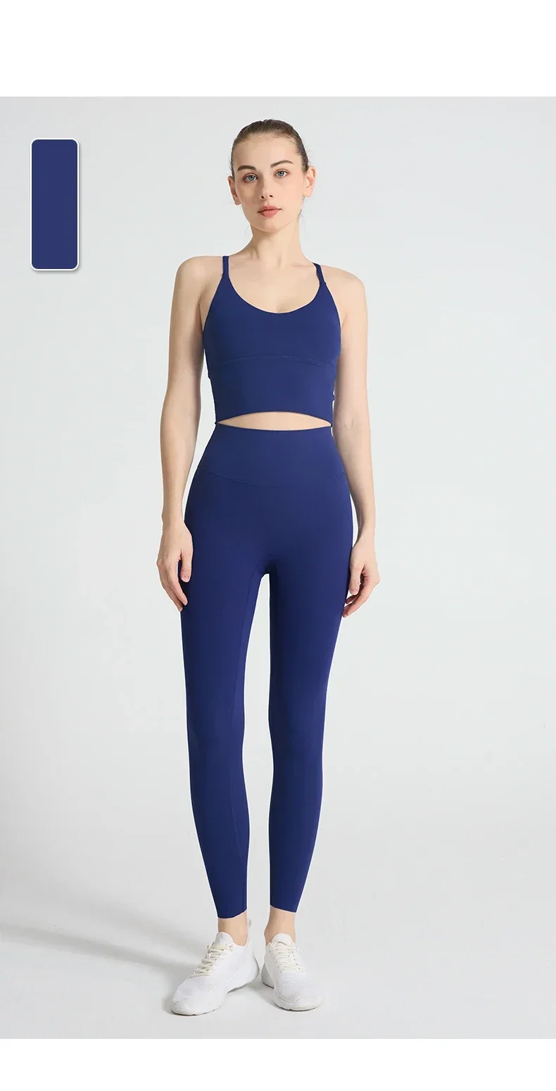 Einfarbige Weiche Damen-Sportanzüge mit Rückenkreuzdesign, Stoßfestes Sport-Top, Hochelastische Fitness-Leggings, Lauf- und Yoga-Sportsets – Detail 16