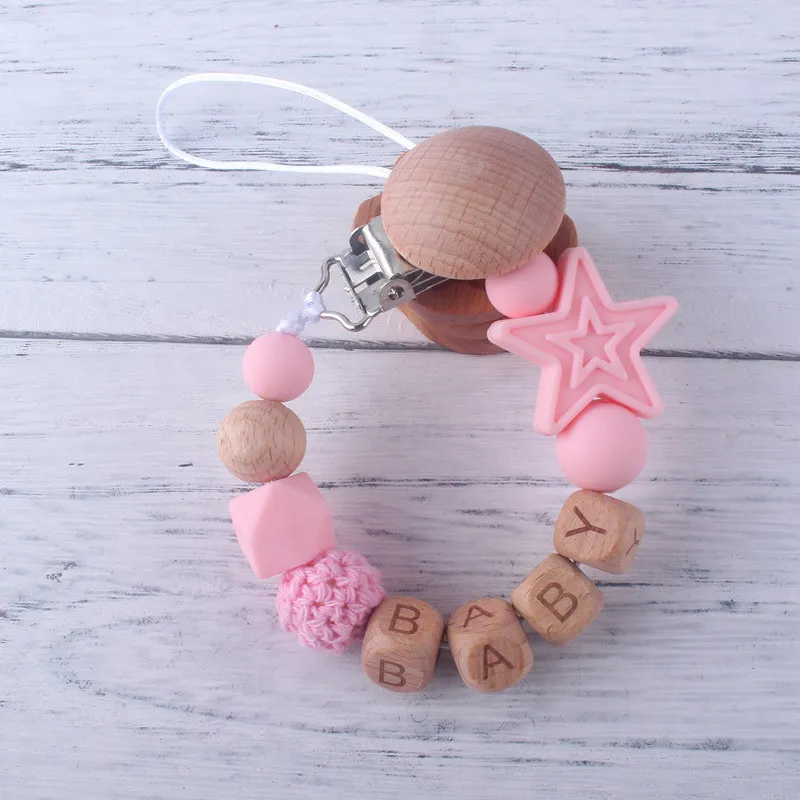 Free Handmade Personalized Name Silicone Stars Beads Beech Letters Pacifier Chains Clips Teething Baby Teether Dummy Holder Gift