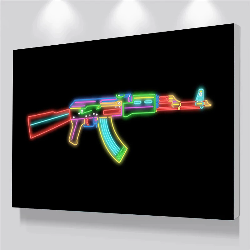 Ak47 Neon Effect Poster Print Abstract Colorful Gun AK Assault Rifle Canvas Painting Wall Art Picture for Living Room Home Decor