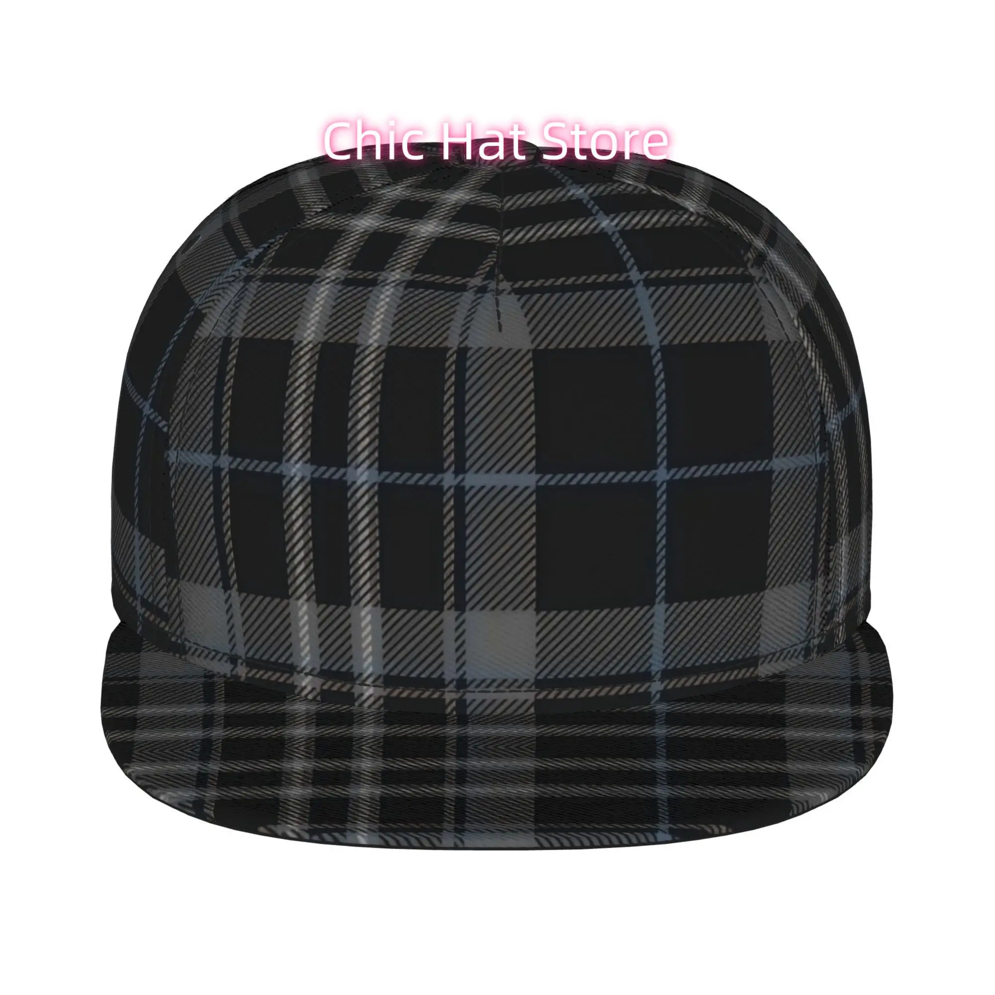 1pc Black And Gray Tartan Plaid Fully Printed Hip-Hop Cap, Stylish Flat-Brimmed Baseball Cap, Trucker Caps Baseball Caps