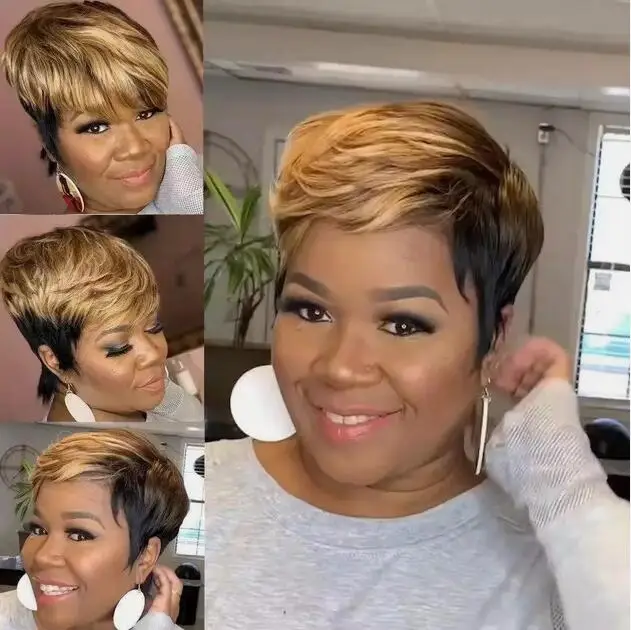 Highlight Synthetic Short Straight Pixie Cut Hair Bob Wig Honey Gold Mix