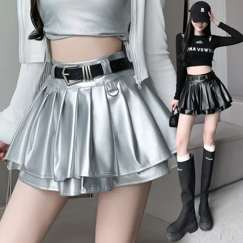 2025 New Casual Elegant Pleated Mini Skirt with Belt Fashion Women Comfortable Breathable Fabric Short Dress Metallic PU Skirts