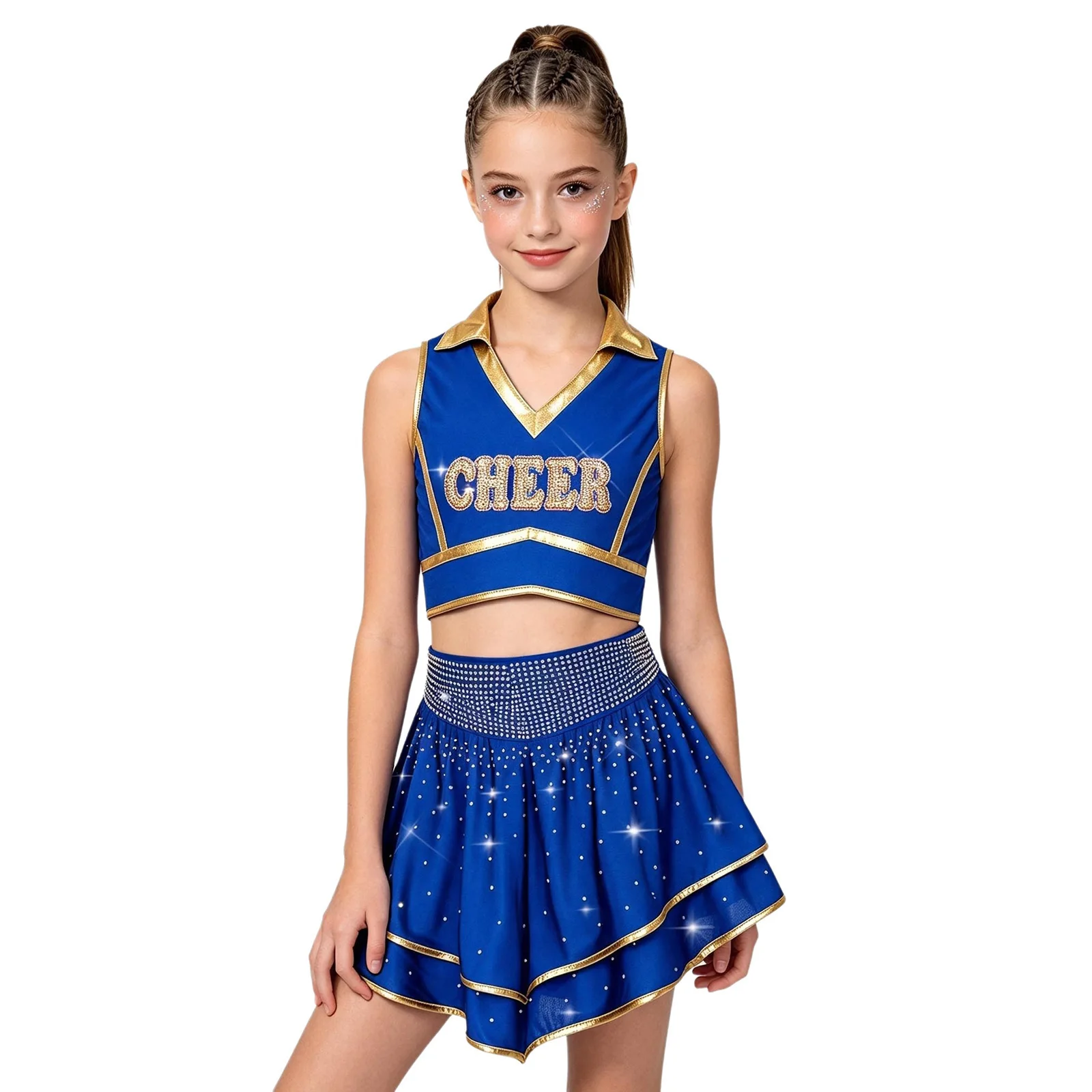 Cheerleader-Kostüm für Mädchen mit Metallic-Besatz, Strass-Cheerleading-Uniform, ärmelloses Crop-Top mit V-Ausschnitt und Rüschenrock – Detail 5
