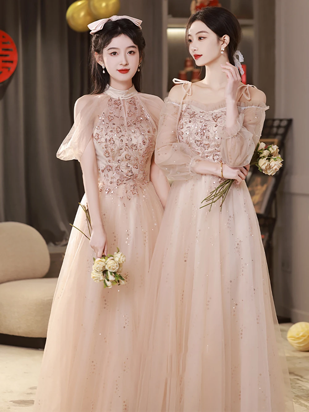 

Glitter Pink Tulle Bridesmaid Dress Wedding Party Summer Women Off the Shoulder Long Slim Evening Dresses Stage Performance Gown