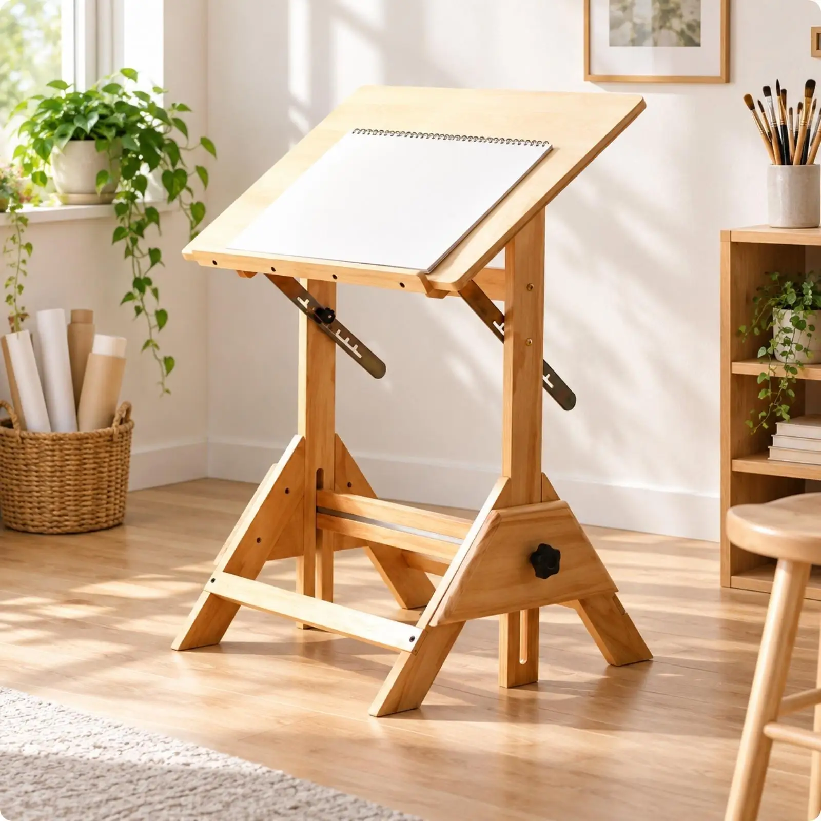 Pine Wood Drawing Table Height Adjustable Art Desk Tilting Surface for Creative Studio Workspace