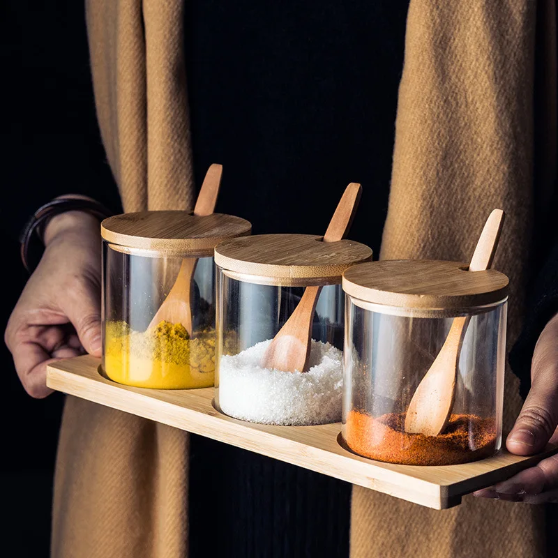 3 PCS Set Glasses Storage Jar Candy Cookies Tea Coffee Beans Organizer Bottle Wood Lid Container Spices Food Cereal Snack Jars