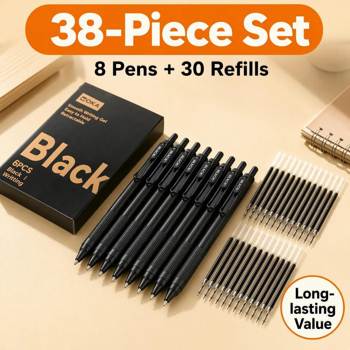 38-Piece Set (8 Pens + 30 Refillable Refills) All-Black Retractable Gel Pens, with Pen Clip and Non-Slip Grip Area, Suitable as Birthday Gifts, Christmas, Halloween, New Year Gifts, and Gifts for Friends, Easter Gifts