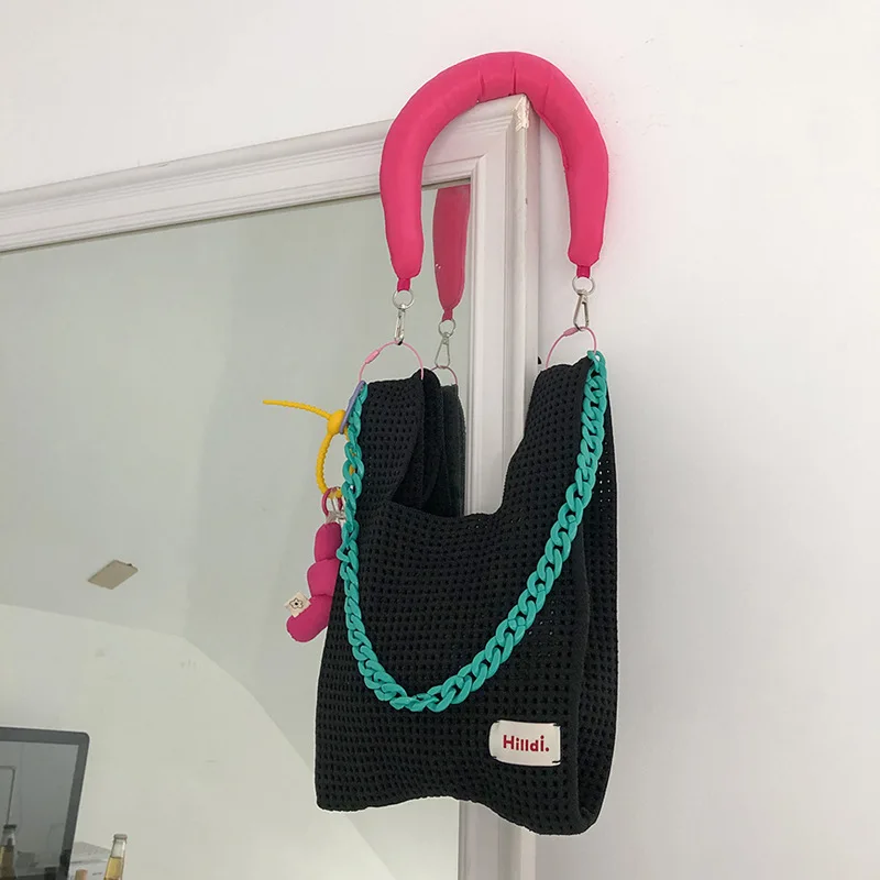 New Beach Handbag for Girls Summer Rope Hollow Out Hand Woven Shoulder Crossbody Totes Bag Women Hollow Knitting Handbag