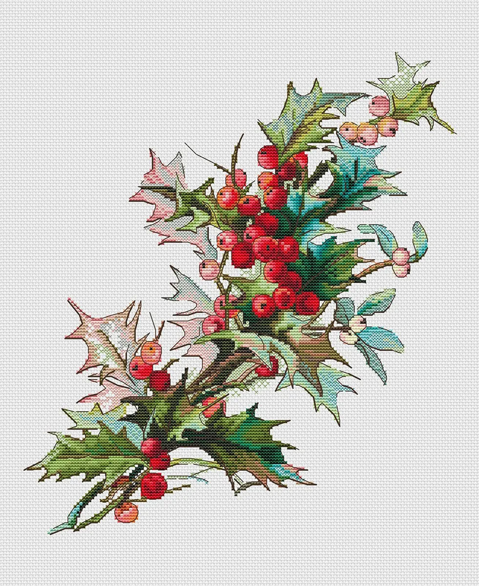 Christmas Berries Cross Stitch Ecological Cotton Thread Embroidery, Home Decoration, Hanging Painting Gift