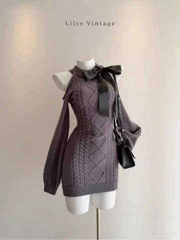 Халат Vestido Feminino с длинными рукавами в стиле ретро, свитер с открытыми плечами, вязаное платье с рукавами-фонариками, осеннее облегающее винтажное платье