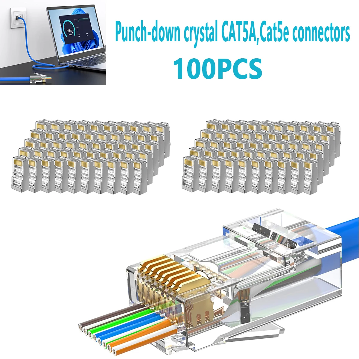 RJ45 Straight Connector, Pack of 100 Cat5 Unshielded Ethernet Plug, Cat5e Pass Through Connectors for Fixed or Twisted UTP Cable