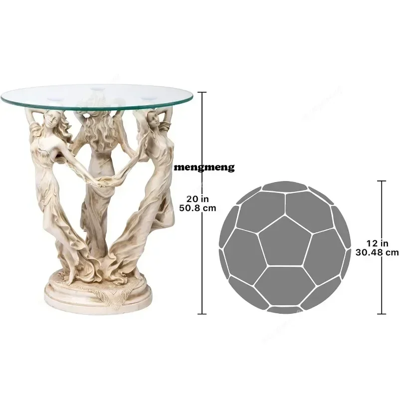 M138 Outdoor Table Greek Muse Statue Glass Top Side Table, Cast Resin, Antique Stone Finish, 18
