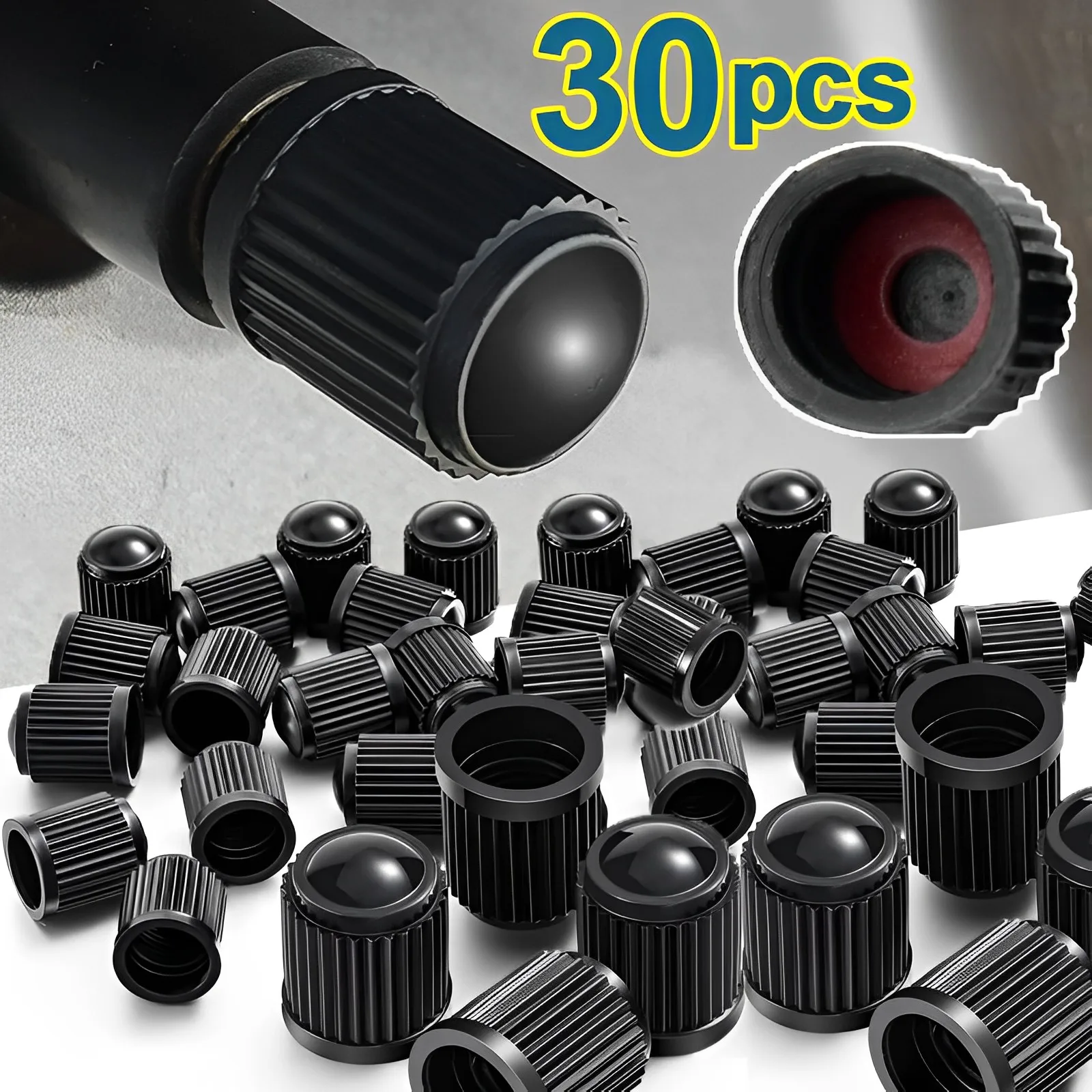 30PCS Car Tire Valve Plastic Black Bike Tyre Valve Caps with O Rubber Ring Covers Dome Shape Dust Valve for Car Motorcycles