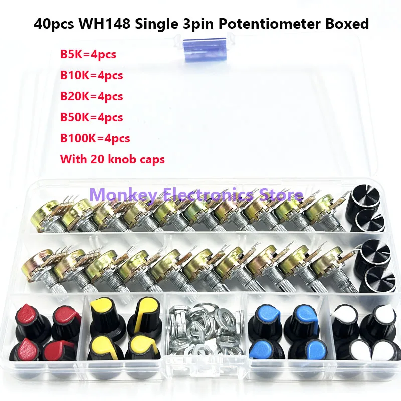 40PCS  Potentiometers WH148 Single 3pines Kit box switch 15MM  potenciometro B5K 10K 20K 50K 100K With 20PCS Knobs Set Shaft Nut