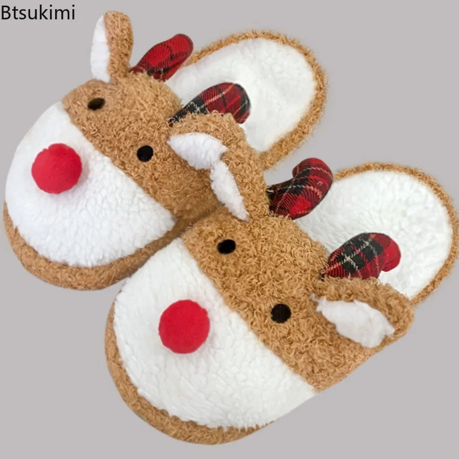 New Winter Lamb Fleece Women's Slippers Home Cute Cartoon Cotton Slippers Christmas Deer Couple Non-Slip Casual Warm House Shoes