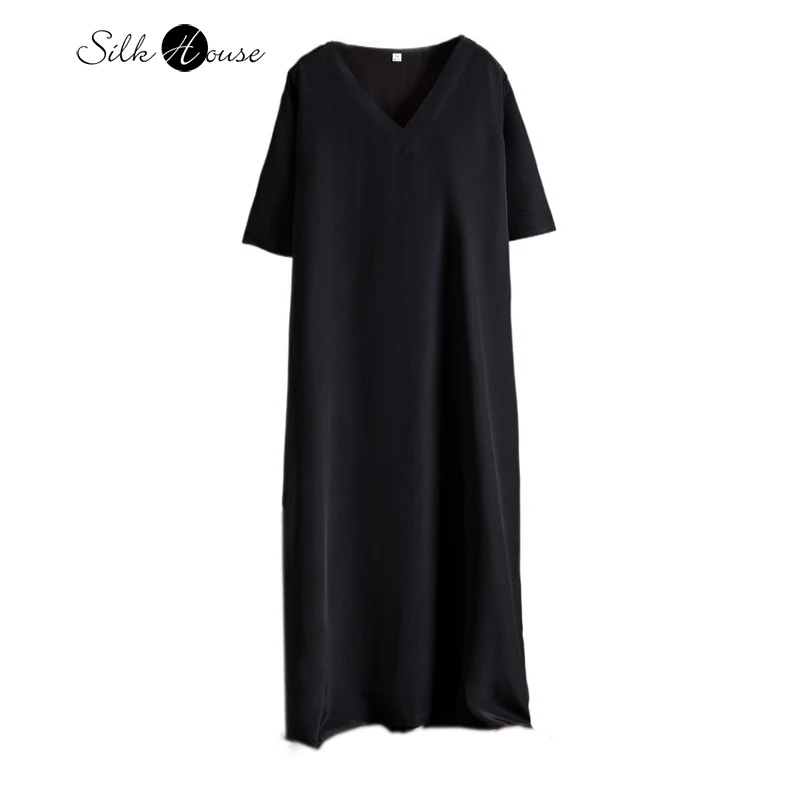

Summer Women's Clothing 100%Natural Mulberry Silk Double Crepe Simple V-neck Loose Black Versatile Commuting Short Sleeved Dress