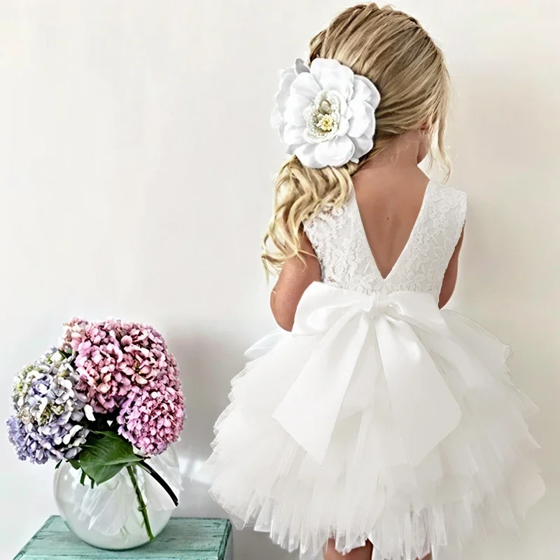 2024 New Baby Girl Dress for Backless Lace Layer 2-6Y Kids Birthday Princess Dress White Wedding Party Flower Tutu Elegant Gowns