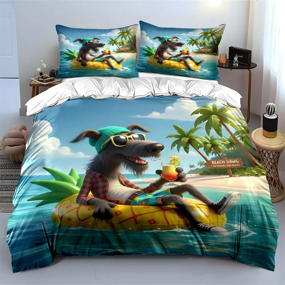 Relaxed Dog Under Palm Trees Printed Duvet Cover Set 1 Duvet Cover+2 Pillowcase Multi Size Bedroom Bedding Decoration