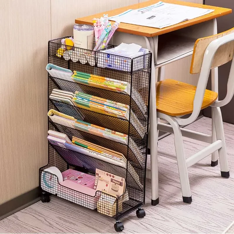 Metal Bookshelf Student Classroom Storage Shelves with Wheels, Movable Children Books Organizer, Nordic Large Capacity Racks 124