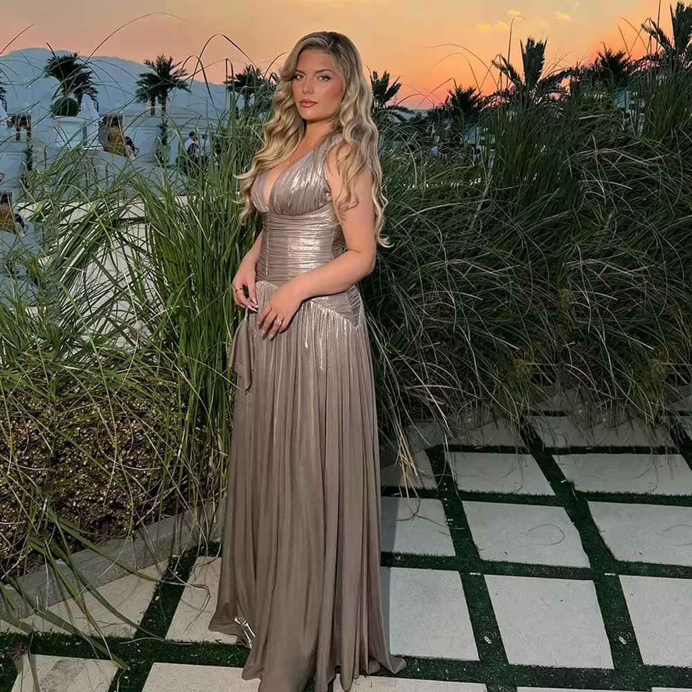 Customized Brown Shiny Evening Dress V Neck Sleeveless A Line Prom Gowns Women Elegant Prom Party Gowns