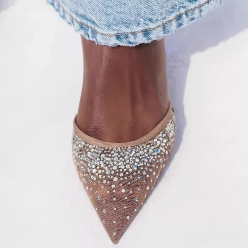 Luxury Diamond Mesh Heeled Sandals Women Brand Shiny Thine Heel Dress Shoes Pointed Toe Mules Pumps Slippers Sandalias De Mujer