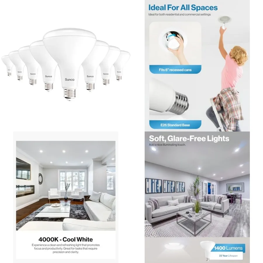 

Sunco 8 Pack BR40 LED Light Bulbs, Indoor Flood Lights, Recessed Can Light Bulb, 1400 LM, 17W 100W Equivalent,4000K Cool White,
