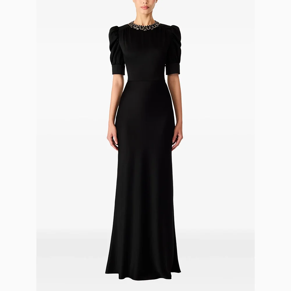 

Customized Simple O-neck Short Slevees Evening Dresses Formal Occasion Prom Gowns Crystal Straight Floor Length Prom Dress