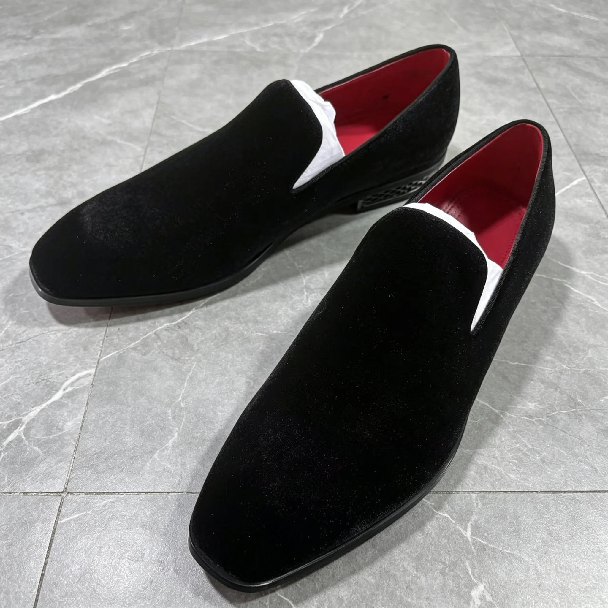 Men's Black Velvet Loafers with Red Lining Slip-On Formal Dress Shoes for Party Wedding Business