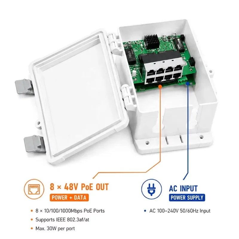 8 Port Gigabit PoE Switch Outdoor Waterproof 48V Standard 120W Max Output for IP Camera Security Project OEM ODM