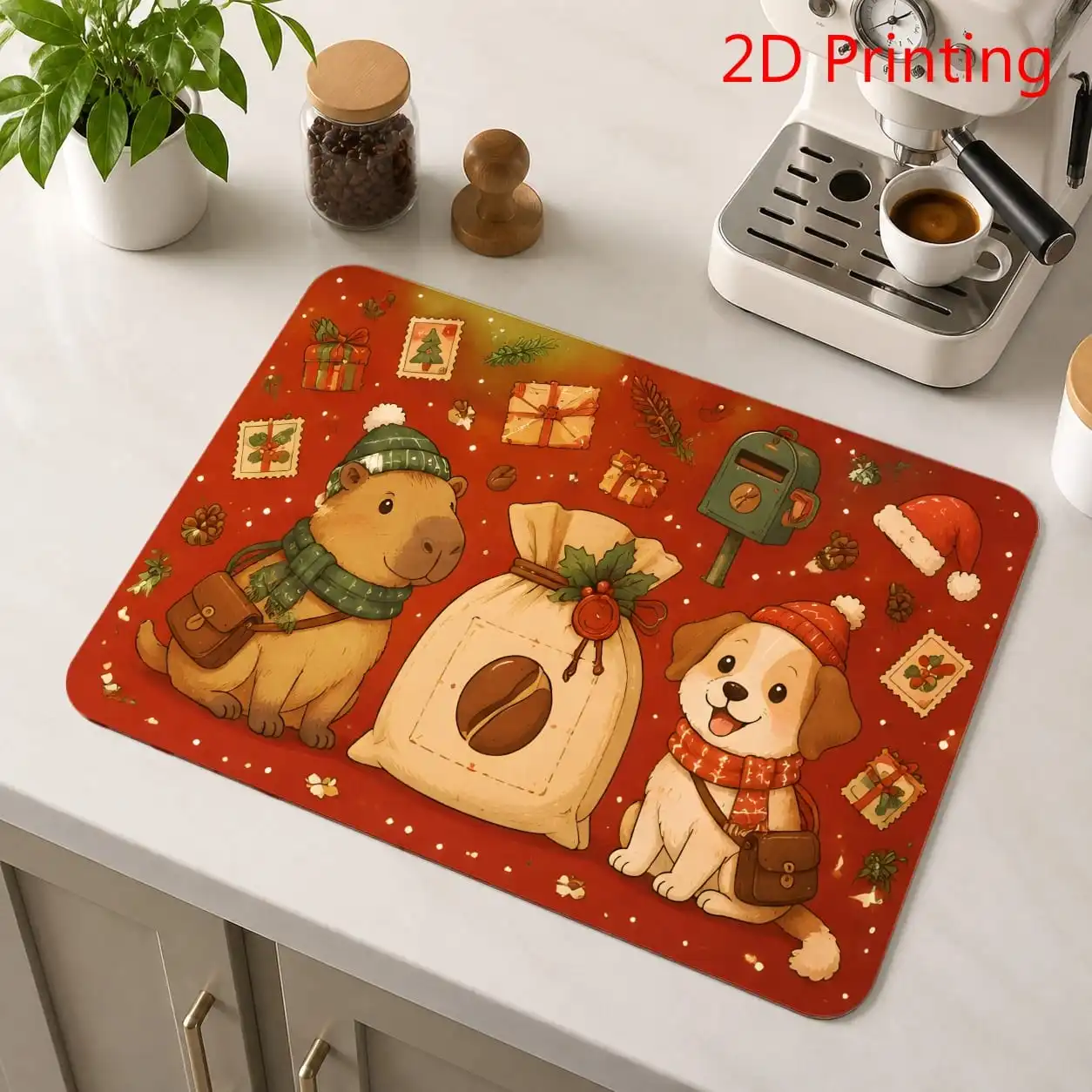 Christmas Dish Drying Mat Absorbent Kitchen Counter Mat Cute Capybara Golden Retriever Coffee Bean Coffee Bar Drain Pad