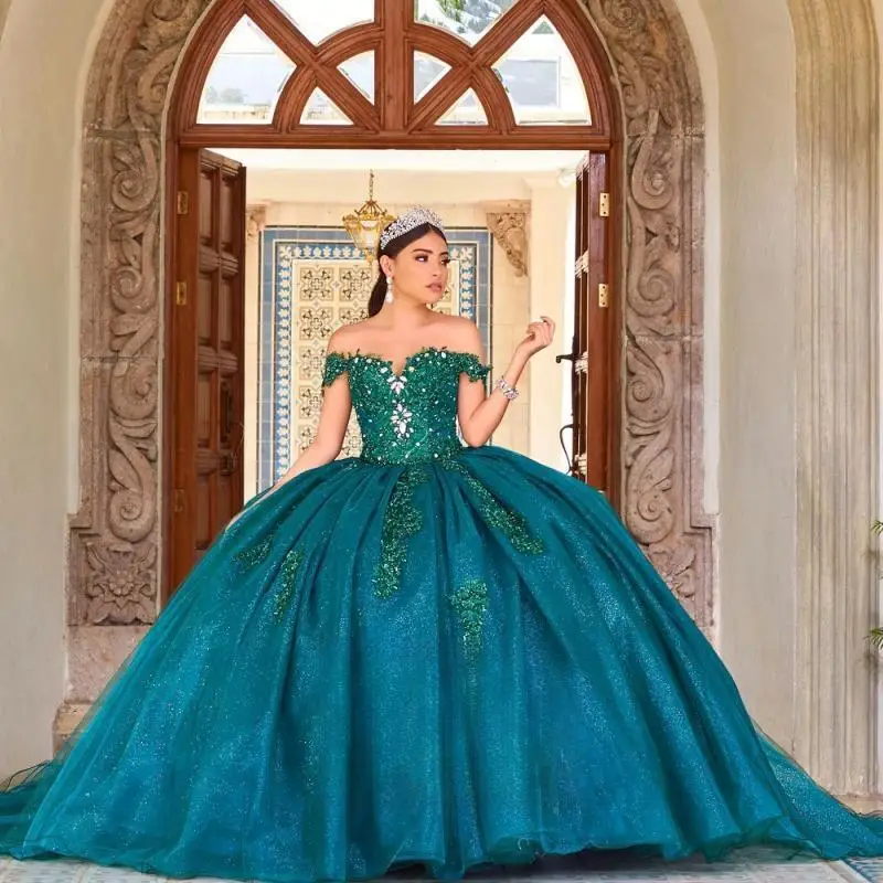 

Modern Ball Gowns Quinceanera Dresses for Girls Off the Shoulder Chapel Train Robe Princess Bleu Femme Drop Shipping