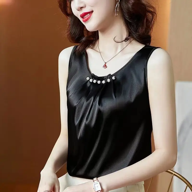 2026 Women's Beaded Camisole French Style Sleeveless Top For Summer Elegant Layering Piece With Blazers Versatile Vest