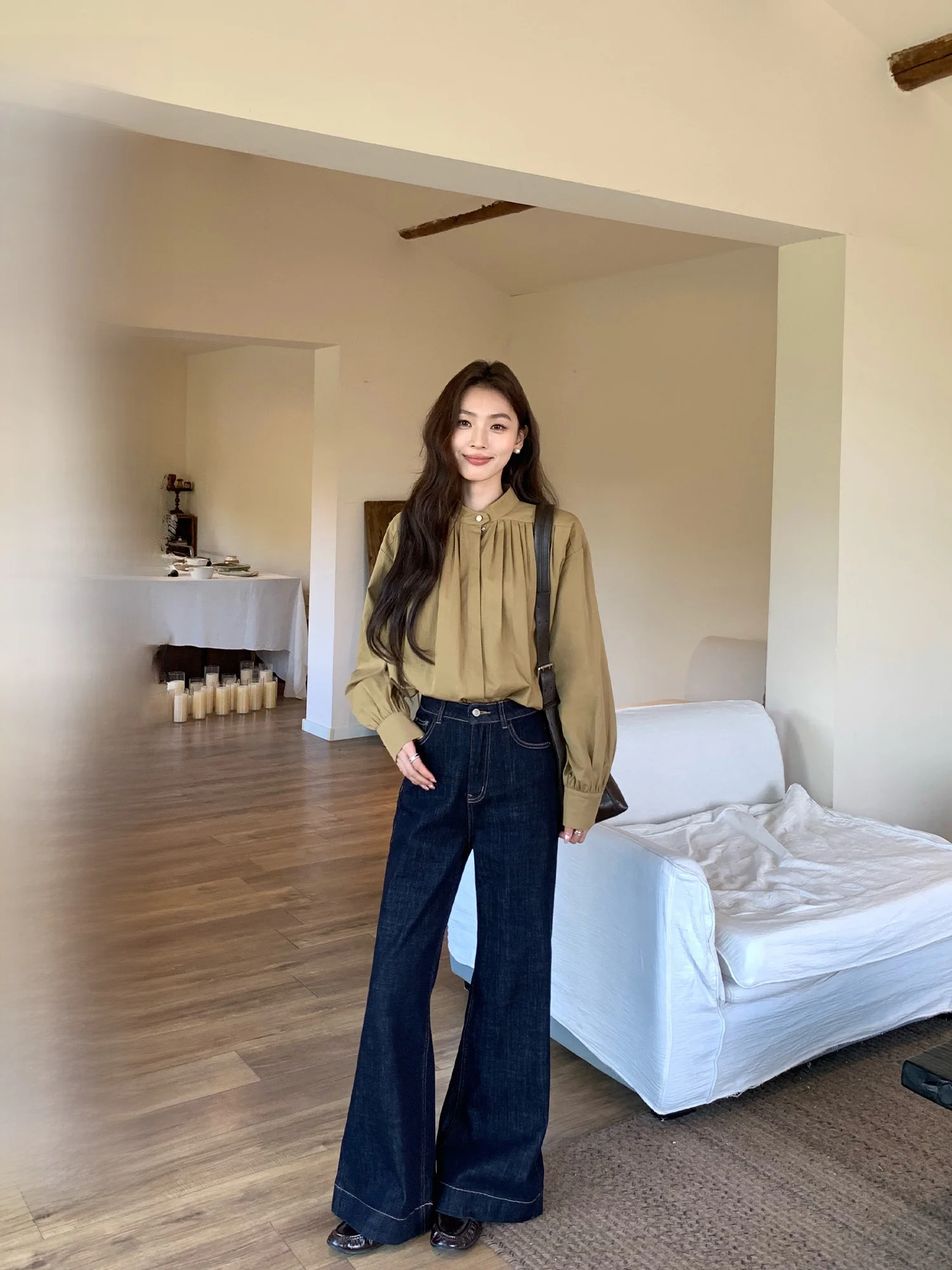 Pusumede High Waist Bell Bottom Jeans Women's Casual Loose Vintage Straight Leg Long Trousers Quality Cotton Standard Fit