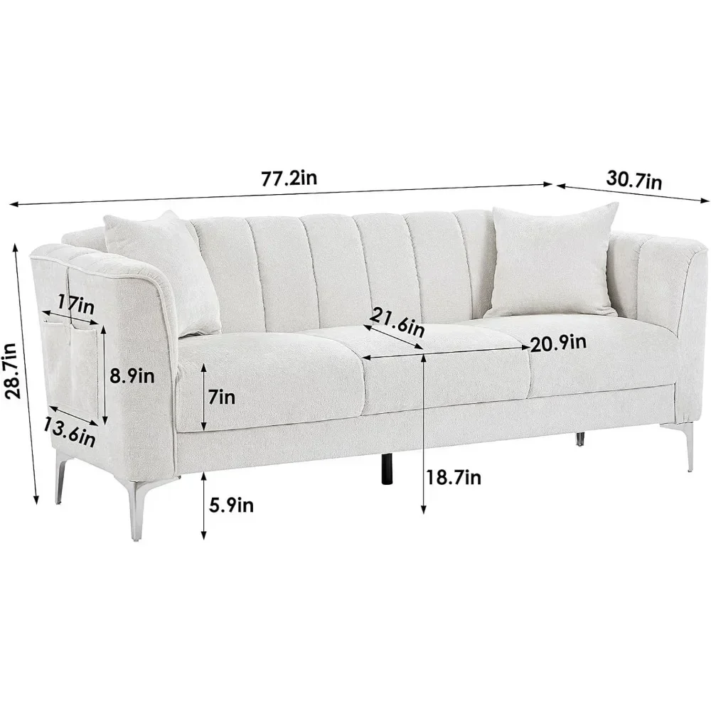 Modern Sofa Couch with Deep Seats, Comfy 3 Seater Sofa with 2 Throw Pillow and Pockets, Chenille Upholstered Sofa for Apartment