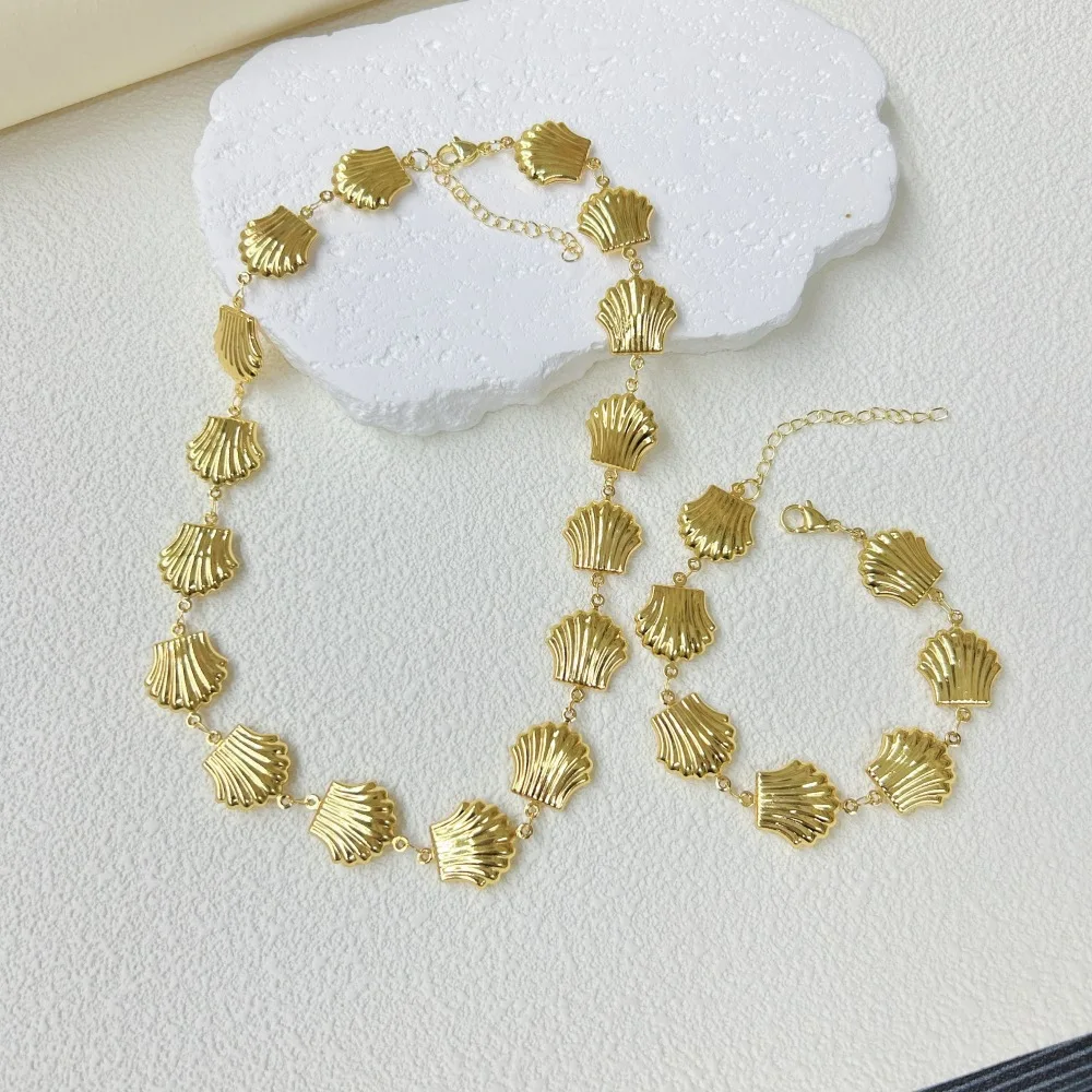 European and American personality trend marine series stainless steel three-dimensional hollow shell necklace bracelet set