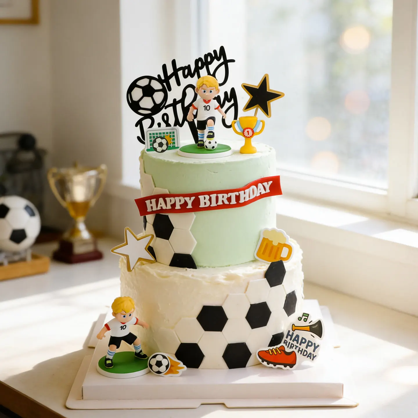 Fußball-Geburtstagstorten-Deko: Weltmeisterschafts-Thema für Jungen – Fußballspieler, Trophäe & Fußball-Tortendekorationen für Kinderparty-Zubehör – Detail 1