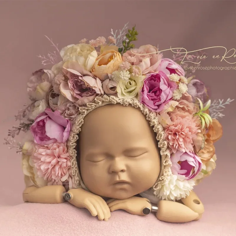 Vintage Newborn Floral Bonnet Baby girl Hat For Photography Knitted Newborn Garden Flower Bonnet For Photo Shoot Props