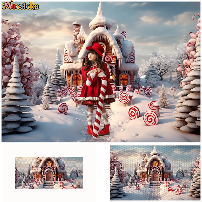 Winter Christmas Castle Ice Cream House Photography Backdrop Kids Portrait Cake Smash Backgrounds  Xmas Tree Snow Cookie Toy image 6