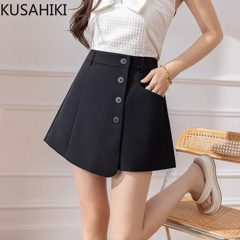 KUSAHIKI Women's 2024 Spring/Summer Irregular A-line Short Femme High Waist Slim Black Versatile Wide Leg Skirt Shorts Mujer