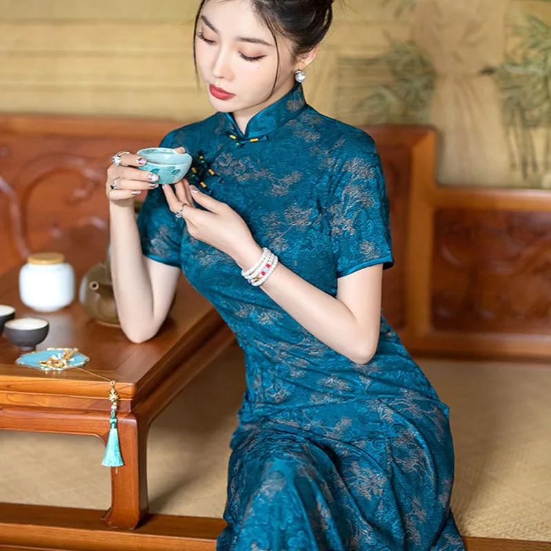 

Китайский винтажный Cheongsam с цветочным принтом, летнее женское элегантное модифицированное платье, традиционный воротник-стойка, женское Ципао M-5XL