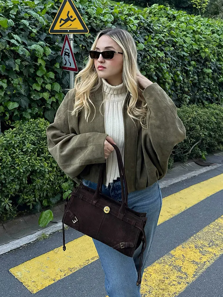 HH Damska Kurtka Bomberka z Zamszu w Stylu Vintage, Zapinana na Zamek, z Długim Rękawem, Jesień 2025, Luźna, Oversize, Casualowa Odzież Wierzchnia