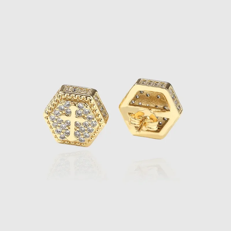 

Iced Out CZ Hexagon Design Cross Stud Earrings Paved 5A Cubic Zirconia Men Earring Srew-Back Hip Hop Punk Jewelry