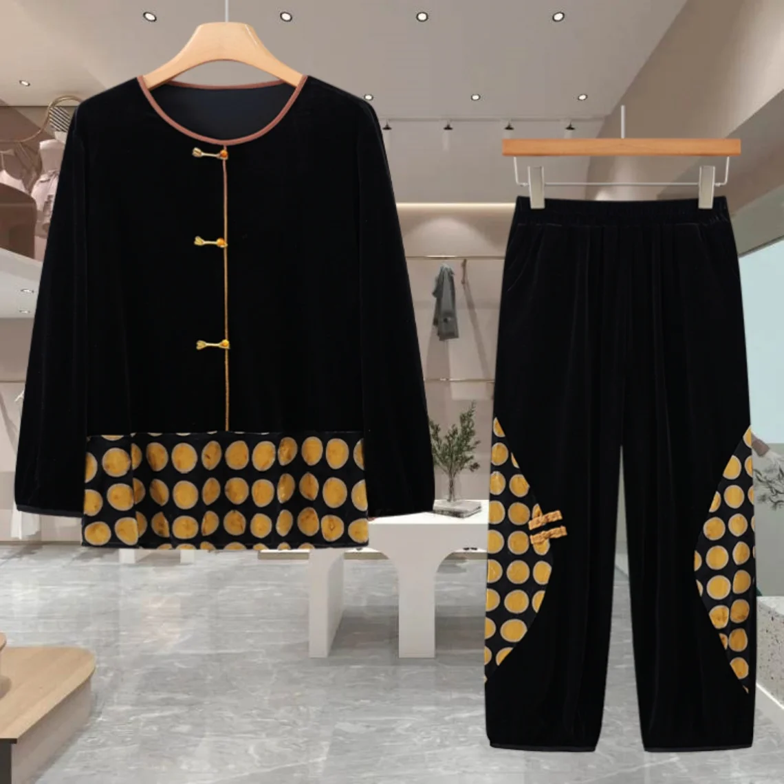 2025年新ファッション、プラスサイズゆったりツーピースセット、中年のお母様向け、春秋のおしゃれなプラスサイズ、200ポンドの体型に合う、カラーブロックセット