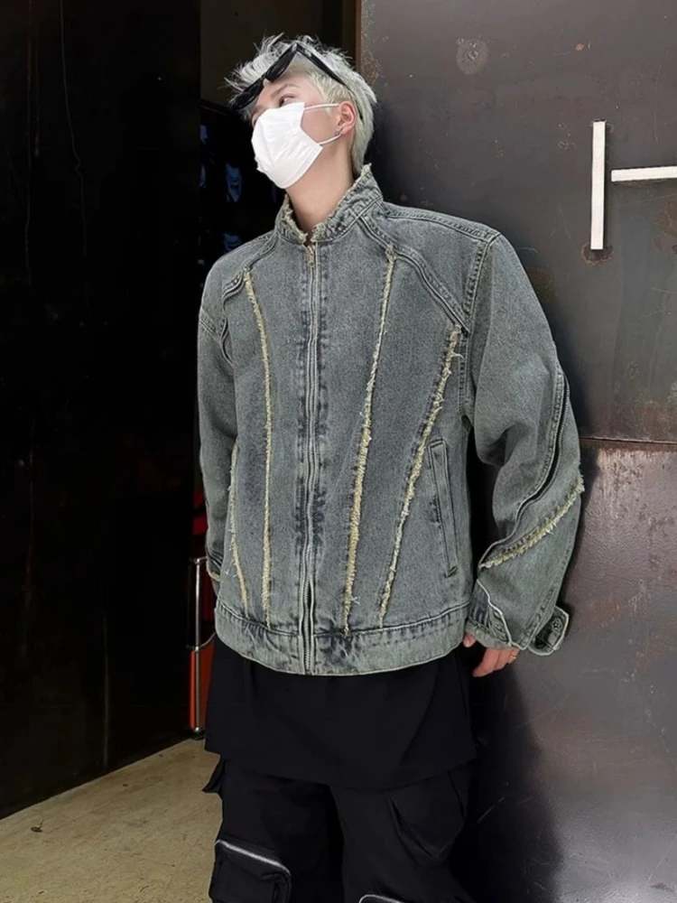 

Stand Collar Loose Men's Denim Jacket Cheap Price Stylish Casual Male Jean Coats Washed Cowgirl of Fabric Korean Popular Clothes